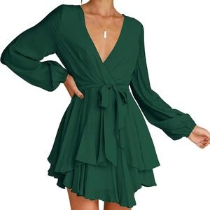 Cosonsen Women's Dress Deep V-Neck Long Sleeve Waist Tie Ruffle Mini Swing Skate
